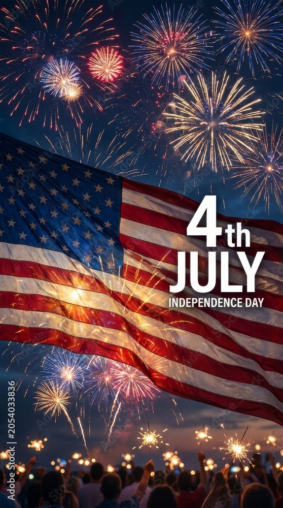 Fototapeta premium Vibrant fireworks illuminate the sky as an American flag waves during a festive Independence Day celebration.