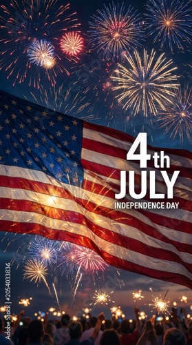 Vibrant fireworks illuminate the sky as an American flag waves during a festive Independence Day celebration.