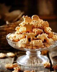 A pile of animal cracker cookies displayed on glass pedestal