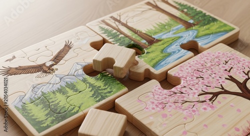 Wooden Puzzle Pieces Featuring Nature Scenes and Wildlife, Designed for Children's Learning and Play