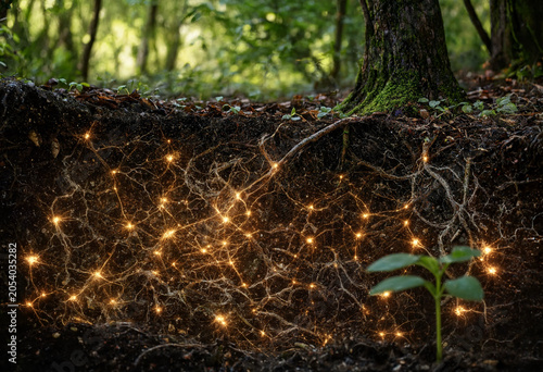 Fotografie Cross-section of forest floor showing tree roots with glowing golden light nodes