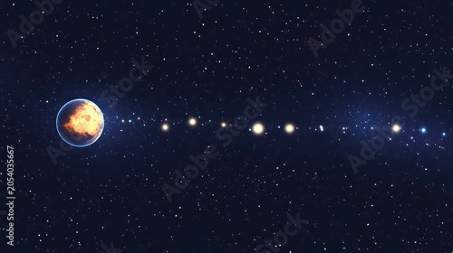 A cosmic-themed background with stars arranged in a line near a glowing planet.