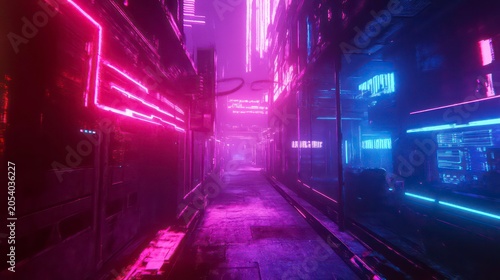 Futuristic cyberpunk alleyway at night, illuminated by vibrant neon pink and blue lights.