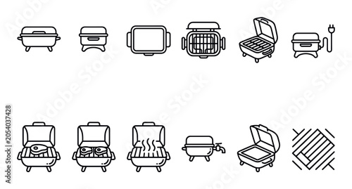 Collection of various outline icons depicting different types of portable barbecue grills and related cooking elements on a clean white background