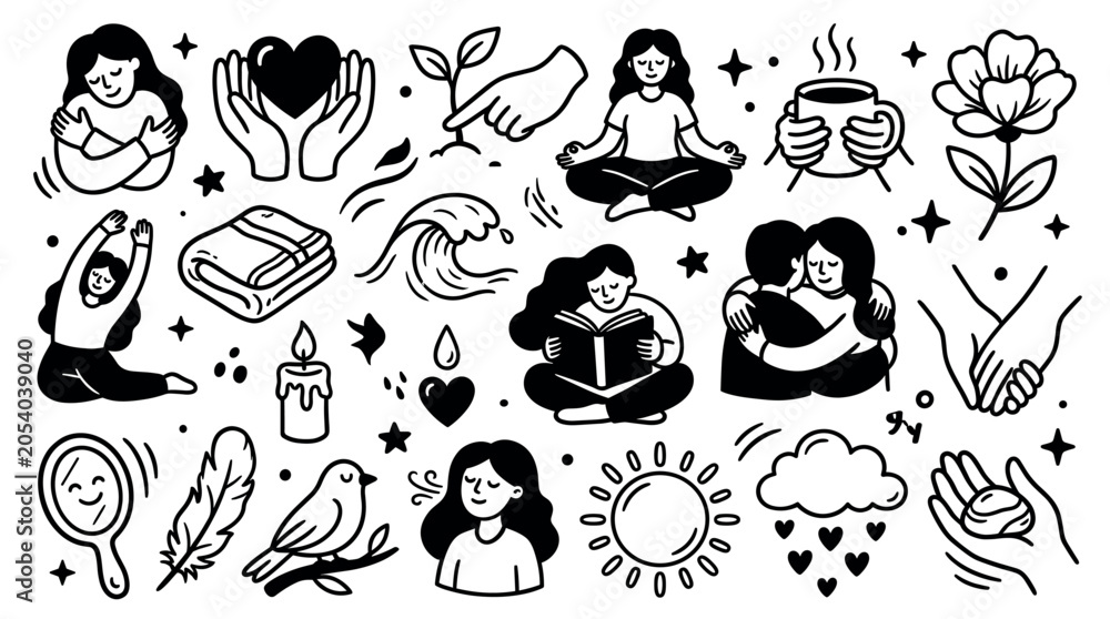 Fototapeta premium Various self-care and wellness doodle icons in a black and white hand-drawn style, representing peace and mindfulness on a clean background