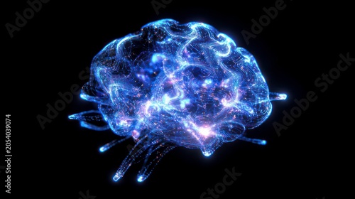 Glowing blue digital brain; neural network, artificial intelligence concept.