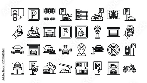 Fotografie Collection of black and white line icons related to parking and transportation s