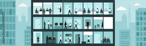 Business people at work in the corporate offices, building facade