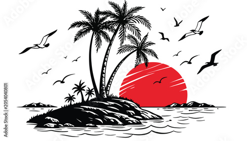 Tropical island with palm trees and seagulls at sunset over the ocean