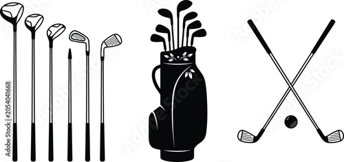Schilderij op canvas Black silhouette illustration of golf clubs, golf bag, and crossed clubs with ba