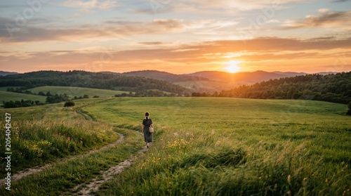 Walking towards sunset over rolling hills serene landscape nature photography peaceful environment inspiring viewpoint