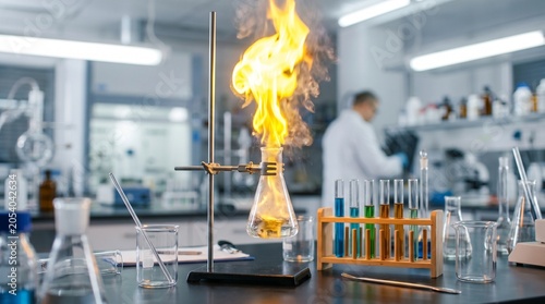 Exciting chemical reaction demonstration with fire science laboratory experimental setup indoor close-up view