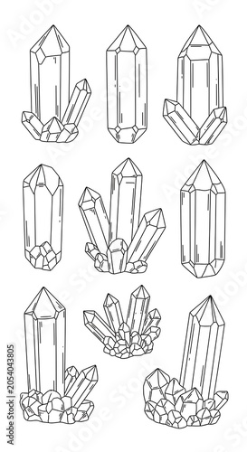 Crystal Cluster Line Art - Geometric Gemstone Collection for Coloring and Design.