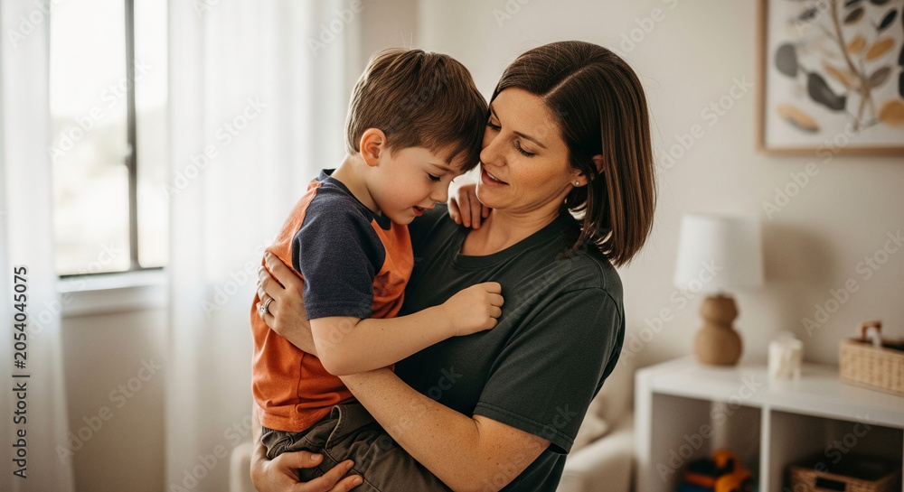 Fototapeta premium Affectionate mother holding her young son in a bright living room, capturing a tender moment of bonding and maternal love at home.