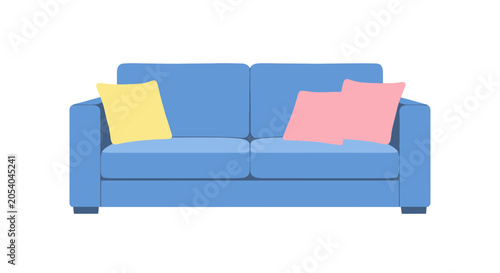 Modern Blue Sofa with Yellow and Pink Cushions Isolated on White Background