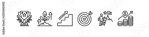Set of linear business icons featuring a trophy, growth plant, stairs, target, ladder climb, and money growth. Ideal for professional success and achievement concepts.