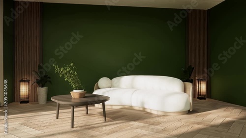 Empty Living room mockup Clean green modern room and granite tiles floor japanese style.3D rendering