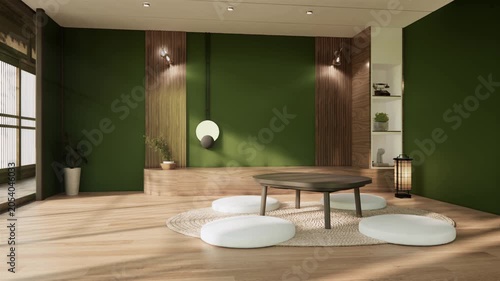 Empty Living room mockup Clean green modern room and granite tiles floor japanese style.3D rendering