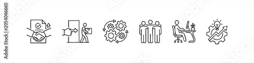 Professional business and HR line icon set featuring hiring, offboarding, workflow, teamwork, office productivity, and innovation. Ideal for corporate branding and management presentations.