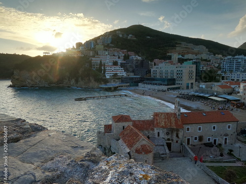 Budva Old Town and Mogren Beach at Sunset, Montenegro