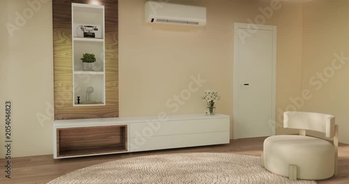Mock up living room Earth Tone and Muji decoration on Living room wooden floor, japandi style.3D render