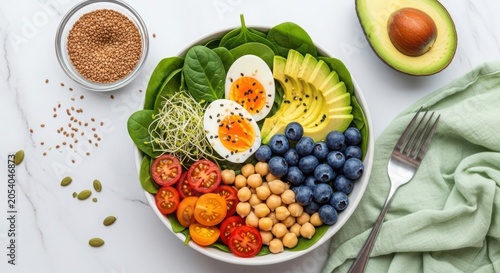 Healthy buddha bowl with spinach, avocado, boiled egg, blueberries, chickpeas, tomatoes, and sprouts