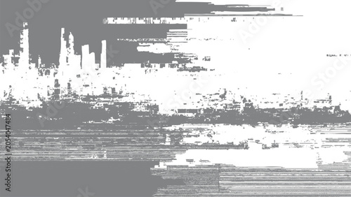 Canvastavla Glitchy cityscape with distorted buildings and water reflection in grayscale ton
