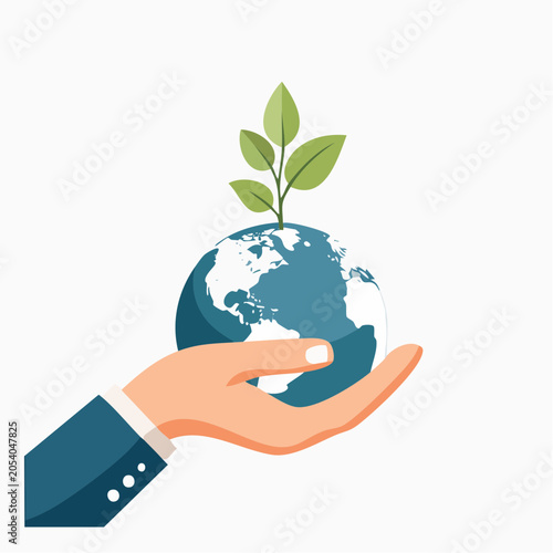 Hand holding Earth with a growing plant