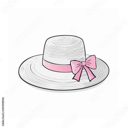 White straw hat with pink ribbon and bow