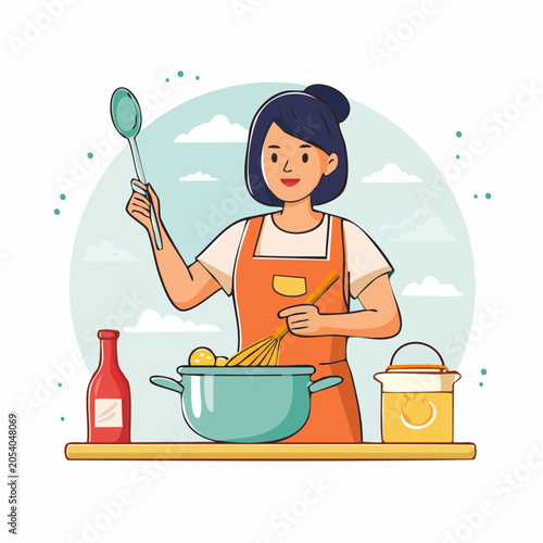 Woman Cooking in Kitchen with Utensils and Ingredients