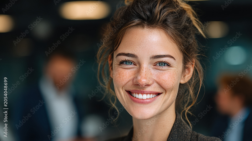 Fototapeta premium Portrait of smiling young businesswoman with curly hair in modern office environment