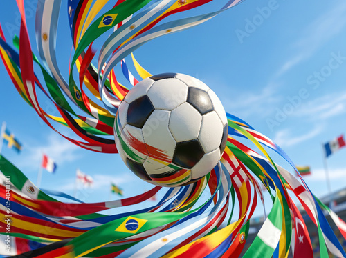 Soccer ball with swirling international flags against a bright blue sky
