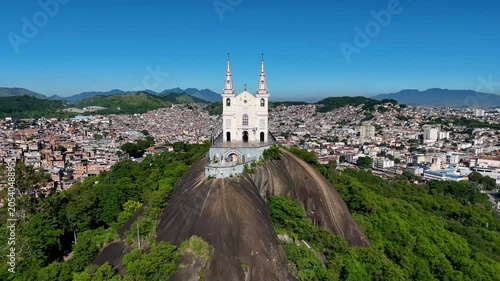 Aerial View of Basilica Sanctuary of Our Lady of Penha Built on a Rock With Views of the Neighborhood Behind in Rio de Janeiro City