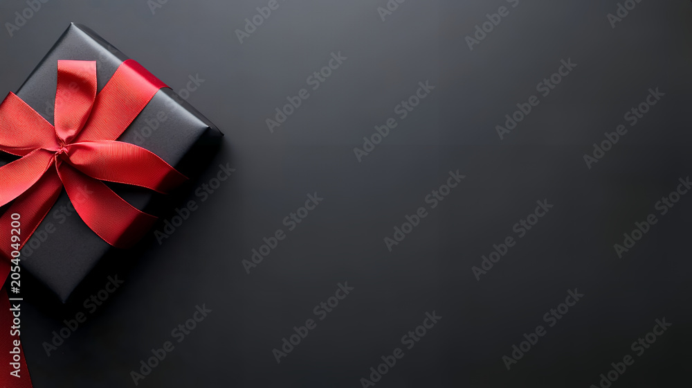 Obraz premium Minimalist black gift box with a vibrant red ribbon bow on a dark matte background with copy space