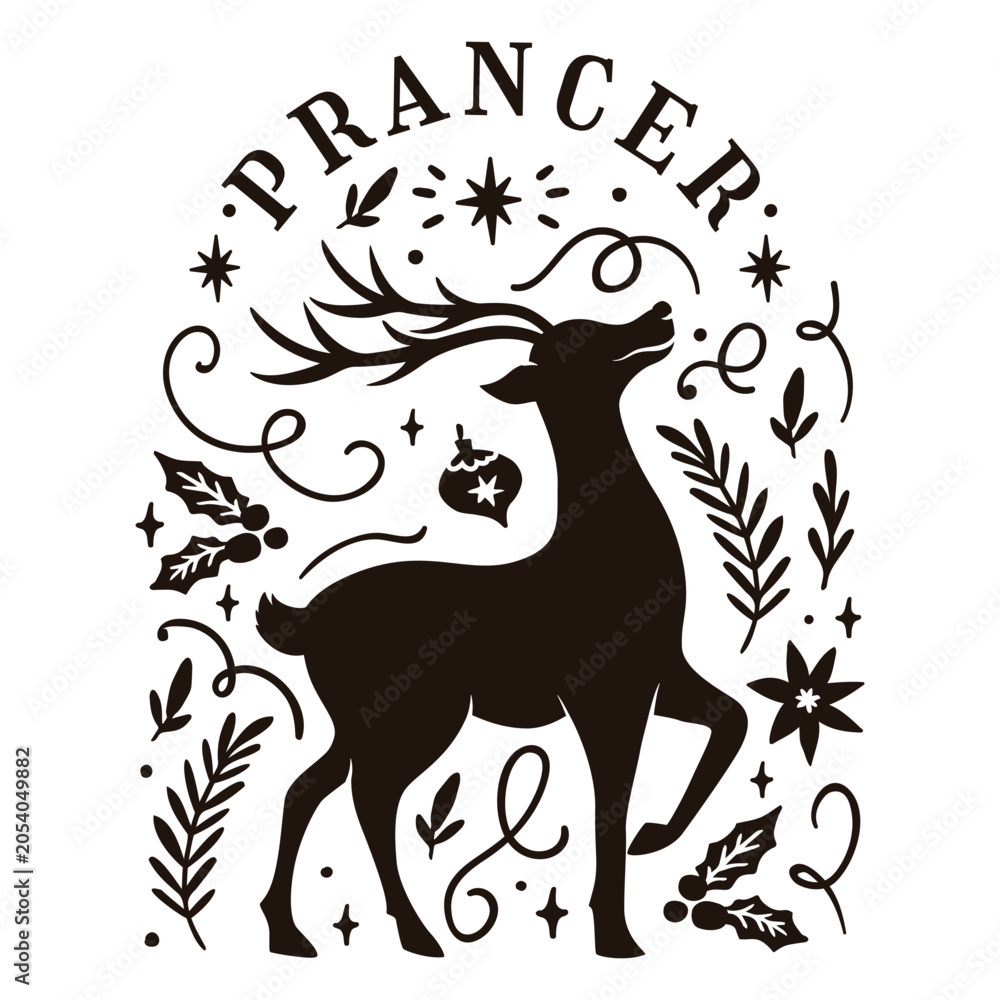 Fototapeta premium Festive reindeer silhouette with floral and ornamental elements t-shirt design
