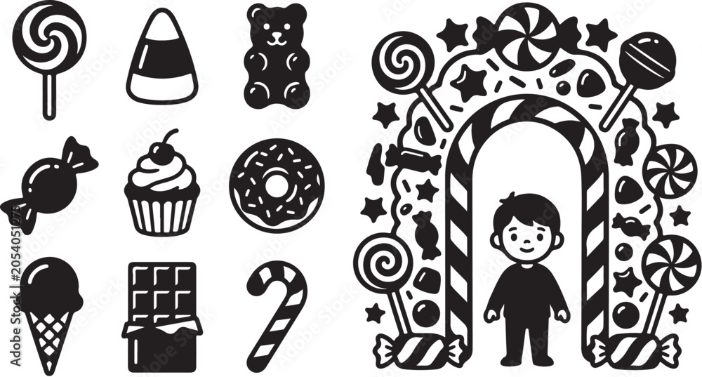 Fototapeta premium Halloween candy, sweets, and treats, black icons, vector illustrations