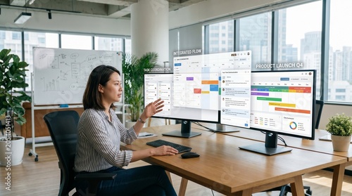 Business Meeting, Woman, Modern Office, Digital Collaboration, Urban Environment, Side View, Productivity Concept