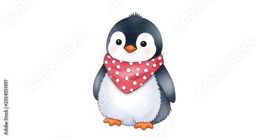 Adorable Penguin with Red Scarf - A Charming Winter Illustration.