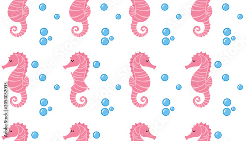Cute seamless pattern of swimming pink seahorses and blue water bubbles isolated on a white background for nursery.