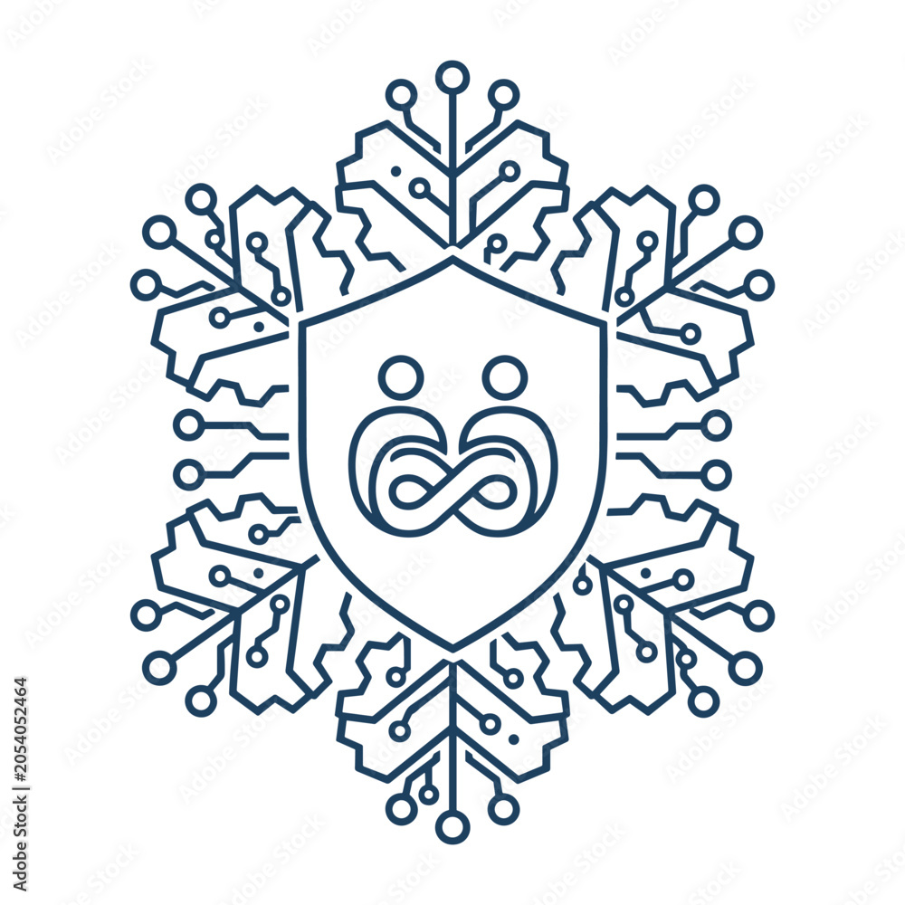 Fototapeta premium Cybersecurity shield icon with circuit board snowflake, digital data protection vector, network security logo