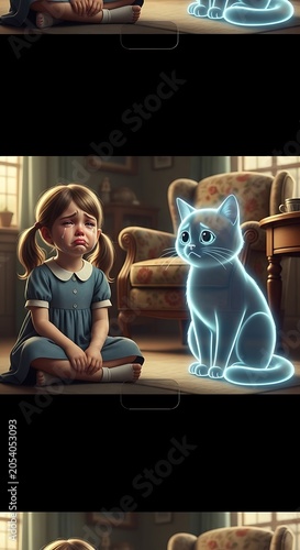 A Sad Girl and Her Ghostly Cat Companion in a Cozy Room.
