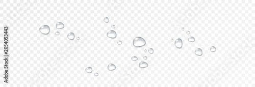 Realistic vector water drops png on a transparent light background. Water condensation on the surface with light reflection and realistic shadow. 3d vector illustration	
