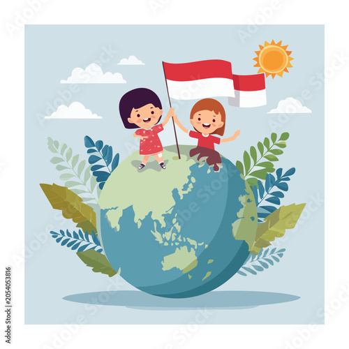 Children waving flag on earth globe illustration