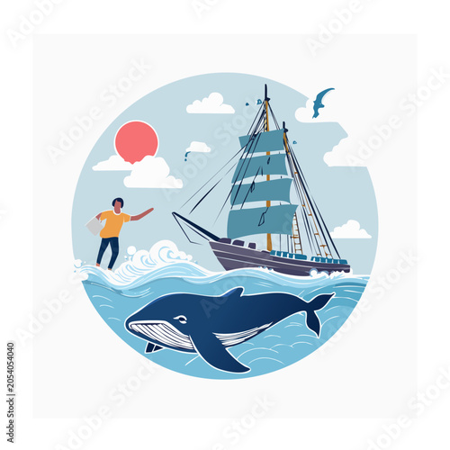 Sailing ship, whale, and person vector illustration