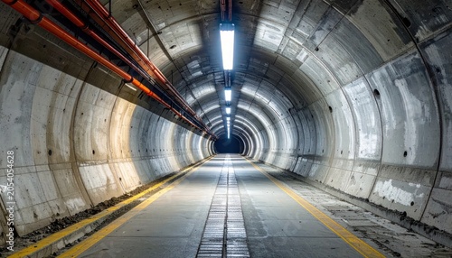 Circular concrete tunnel perspective with bright overhead linear lights.