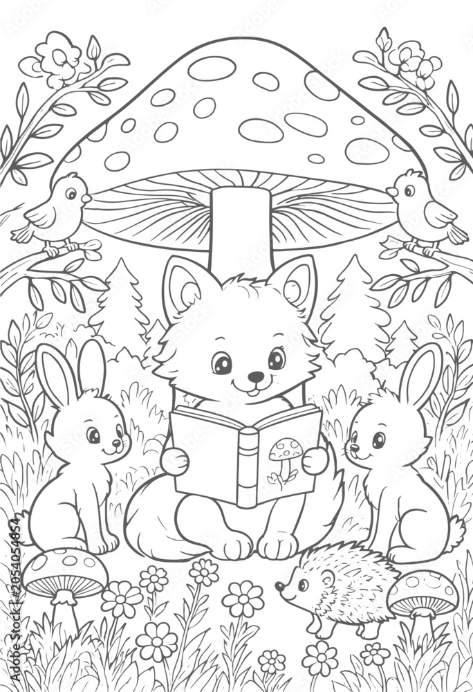 Naklejka premium Cute little fox reading a book under a big mushroom in the forest for children coloring page illustration