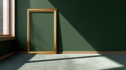 Empty golden picture frame resting against a deep green wall receiving diagonal sunlight from a nearby window