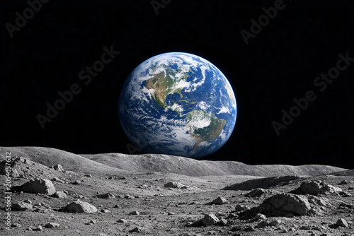 An image depicting the Earth as seen from space with a distant view of the moon and stars.
