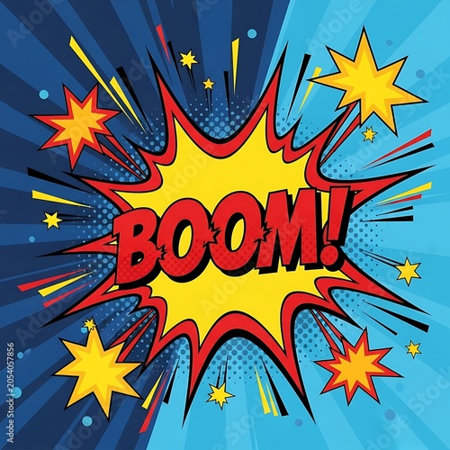 Comic Book Explosion with Stars and Dynamic Background.