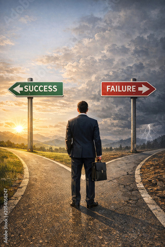 A man stands at a crossroad with two signs pointing left reading 'SUCCESS' and 'FAILURE' on a cloudy day. He is dressed in business attire holding a briefcase looking ahead.